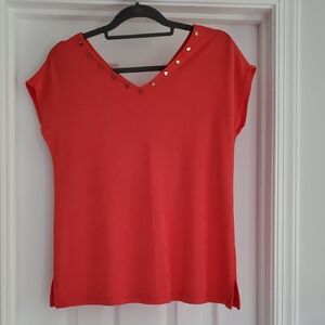 Chico's Red V-Neck Blouse with Gold Accents